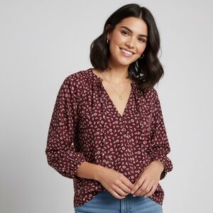 Boden Peasant Top US 8‎ R Womens Blouse Flowy Maroon Flower Dots Tie Neck
